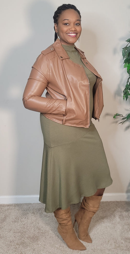 Kelley Mock Neck Drop Waist Sleeveless Dress (Olive)