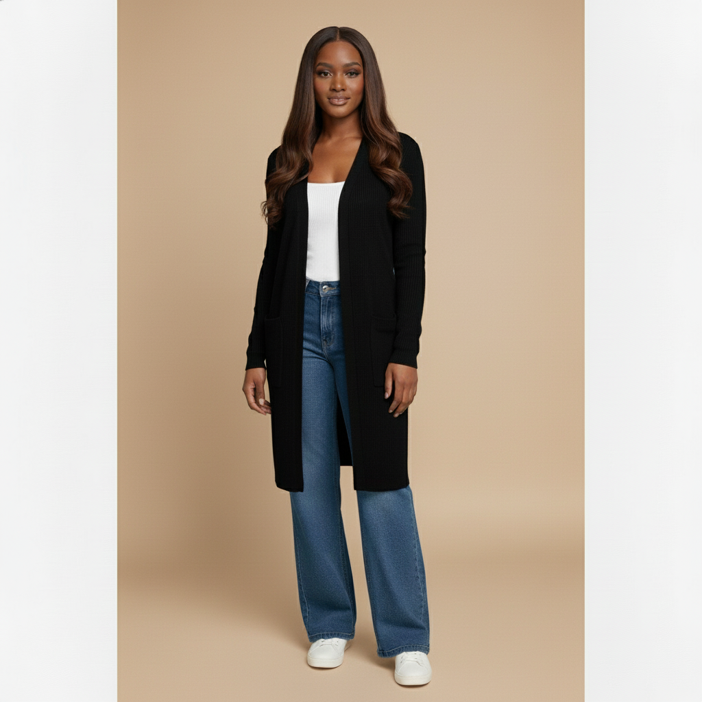 Woman wearing a black cardigan, white top, and blue jeans on a beige background