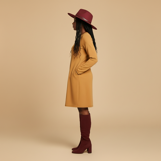 Woman wearing a mustard yellow dress and maroon hat and boots on a white background