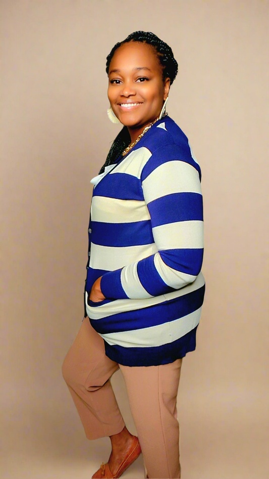 blue and ivory striped cardigan with pockets