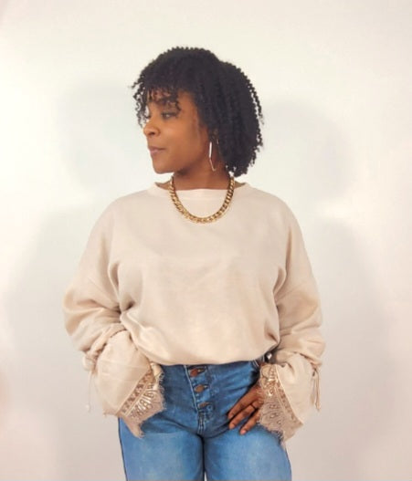 Lace Trimmed Sweatshirt (Taupe)