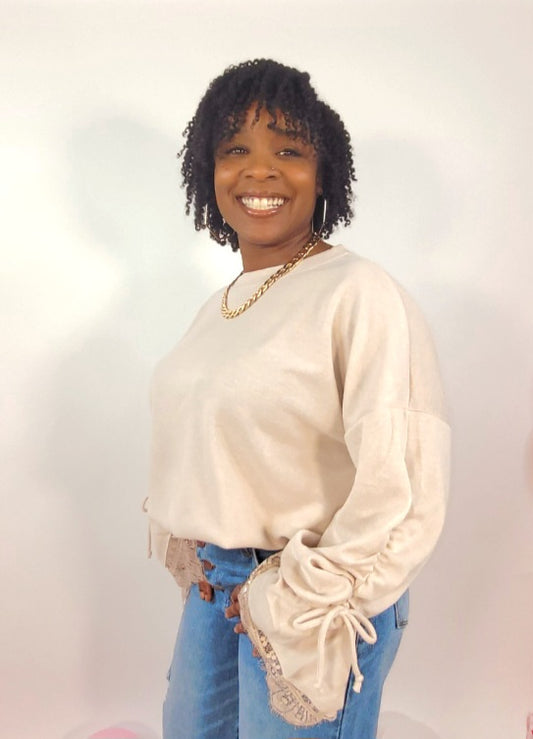 Lace Trimmed Sweatshirt (Taupe)