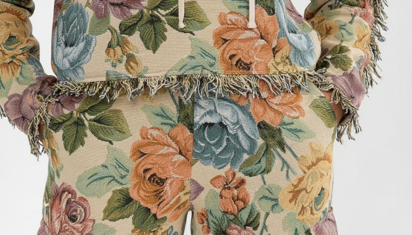 Floral patterned fabric with fringes on a plain background