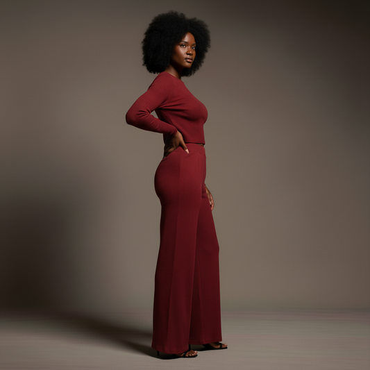 Long Sleeve Cropped Top & Pants Set - Burgundy