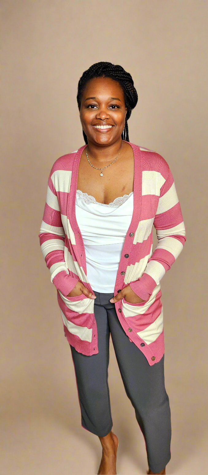 Long Sleeve Button Up Striped Cardigan (Coral)