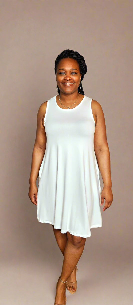 Comfy Sleeveless Flare Mini Dress w/Pockets (White)