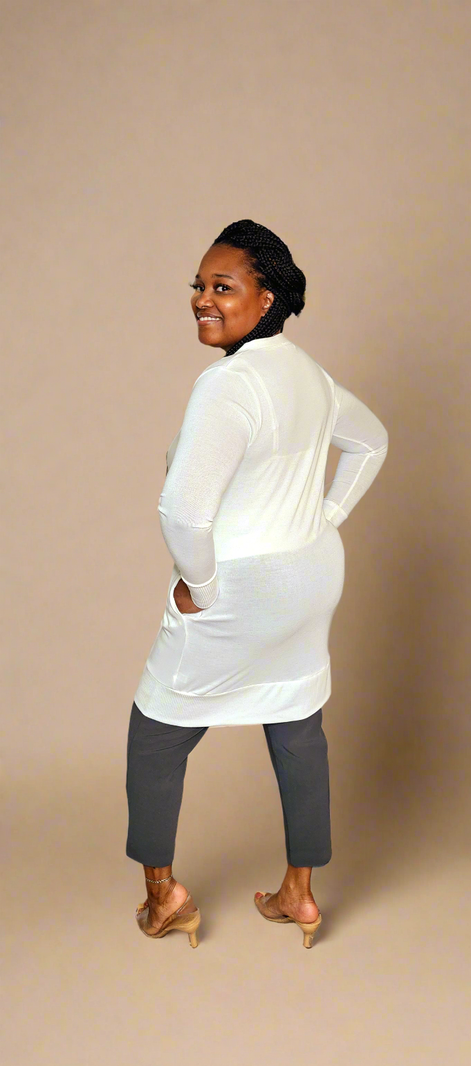 Thigh-Length Snap Button Cardigan w/Pockets (White)