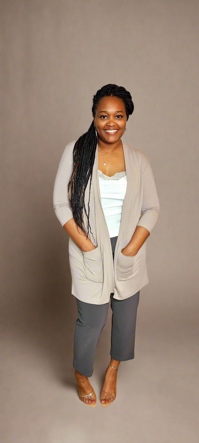 3/4 Slouchy Pocket Open Cardigan w/Pockets (ASH MOCHA)
