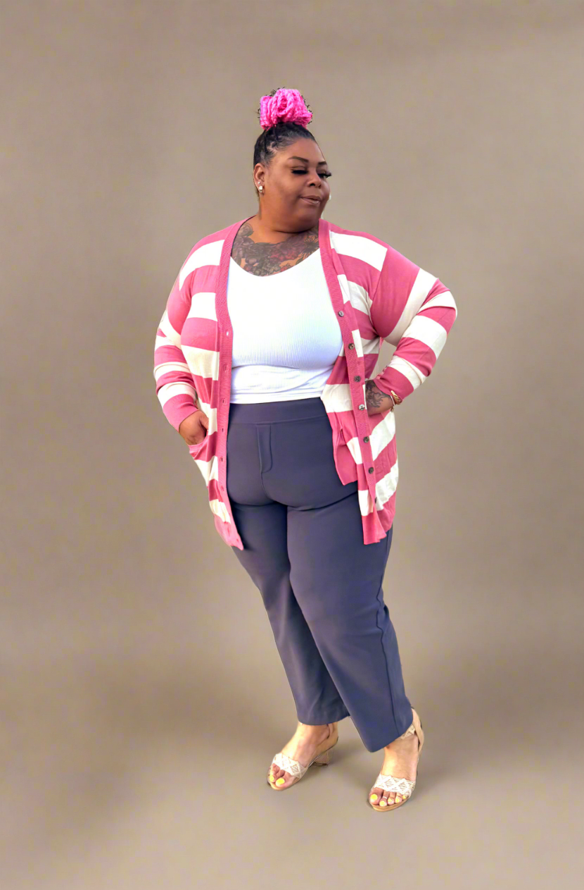 Long Sleeve Button Up Striped Cardigan (Coral)