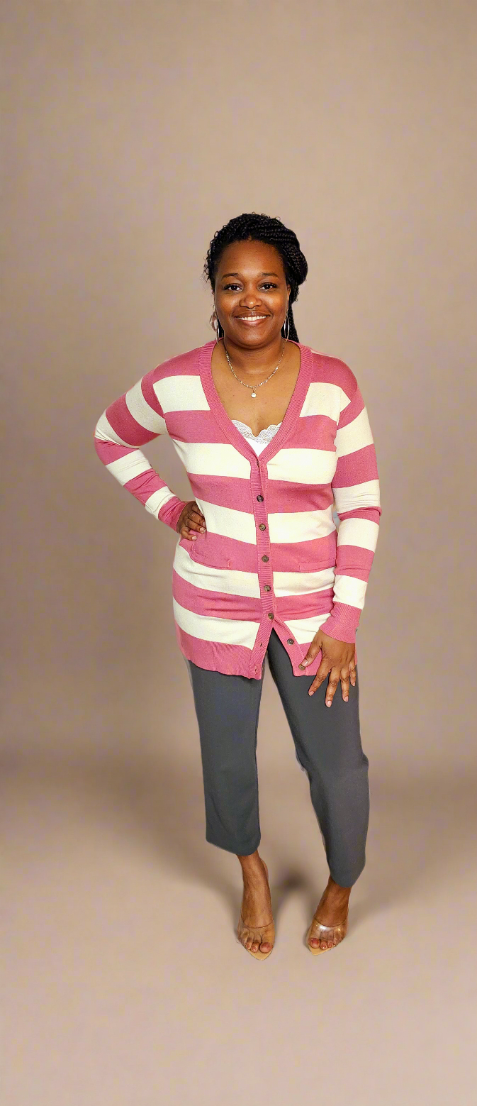 Long Sleeve Button Up Striped Cardigan (Coral)