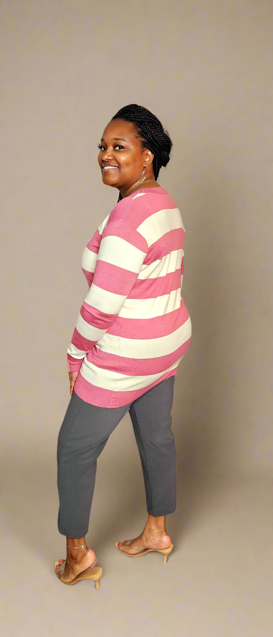 Long Sleeve Button Up Striped Cardigan (Coral)