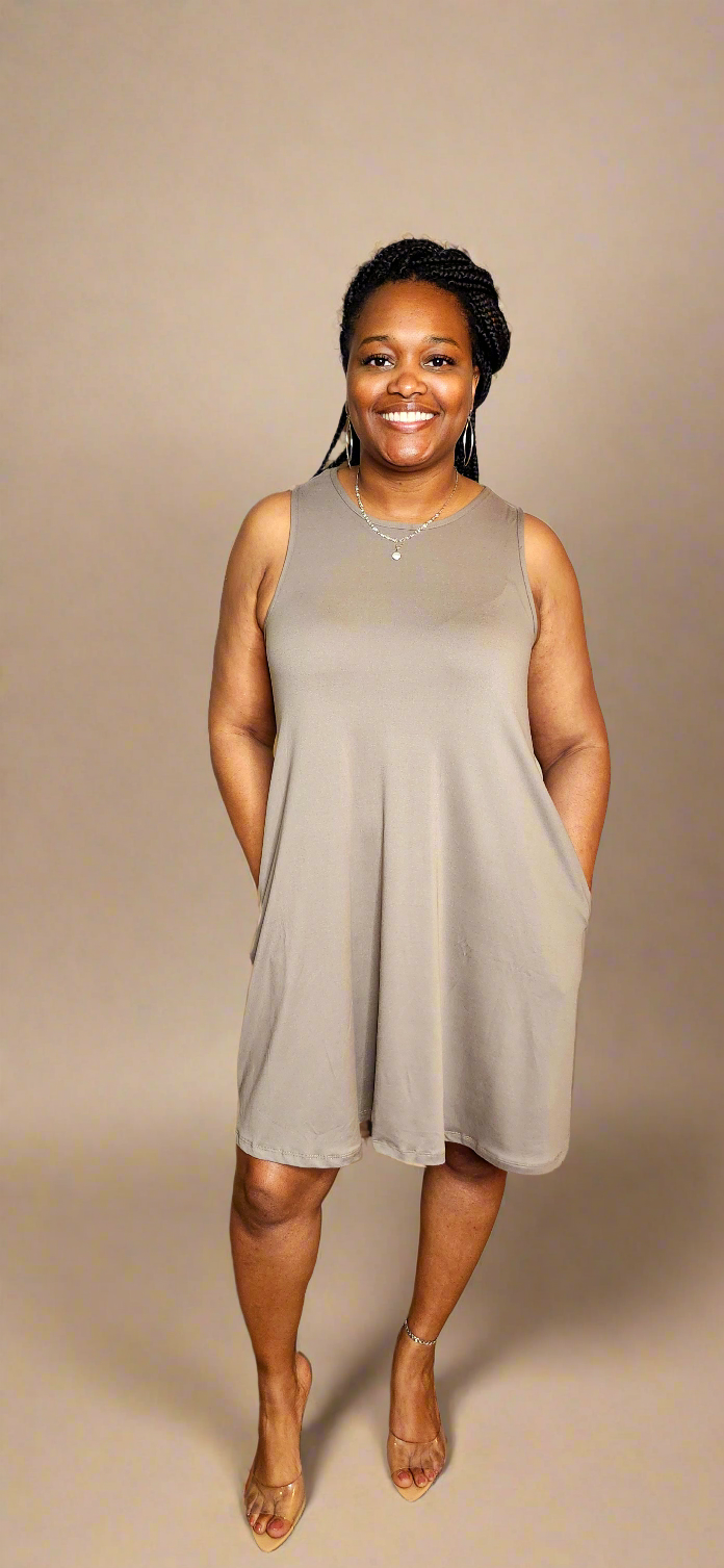 Comfy Sleeveless Flare Mini Dress w/Pockets (Taupe)