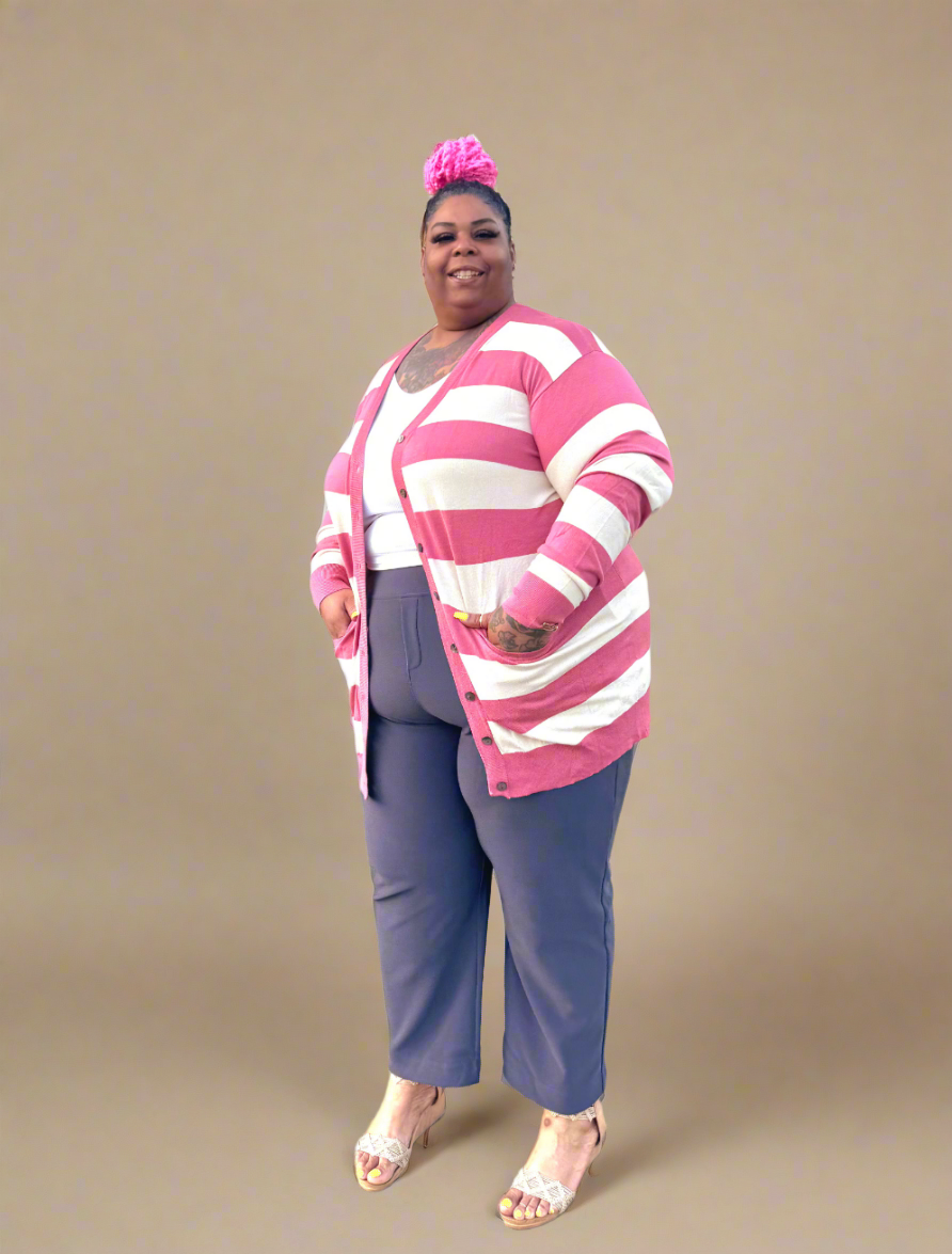 Long Sleeve Button Up Striped Cardigan (Coral)