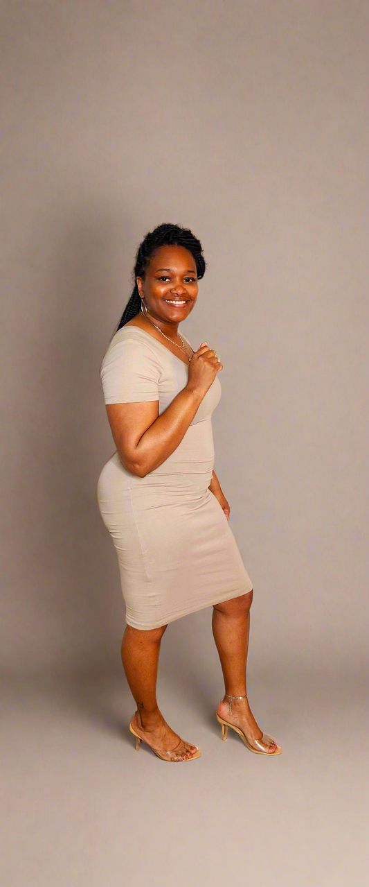 Premium Cotton Short Sleeve Classic Midi Dress (ASH MOCHA)