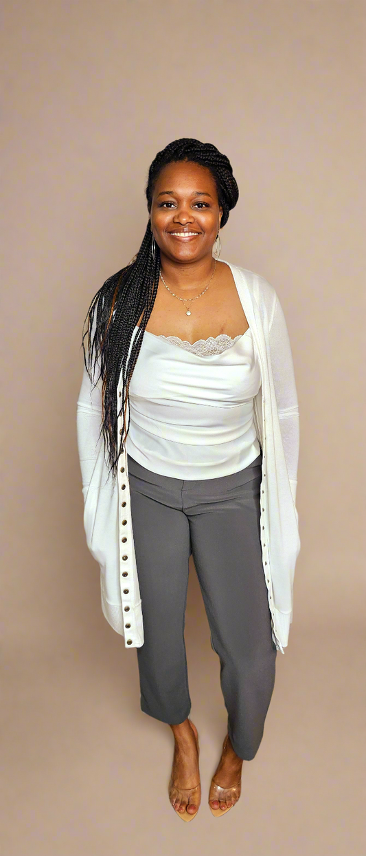 Thigh-Length Snap Button Cardigan w/Pockets (White)