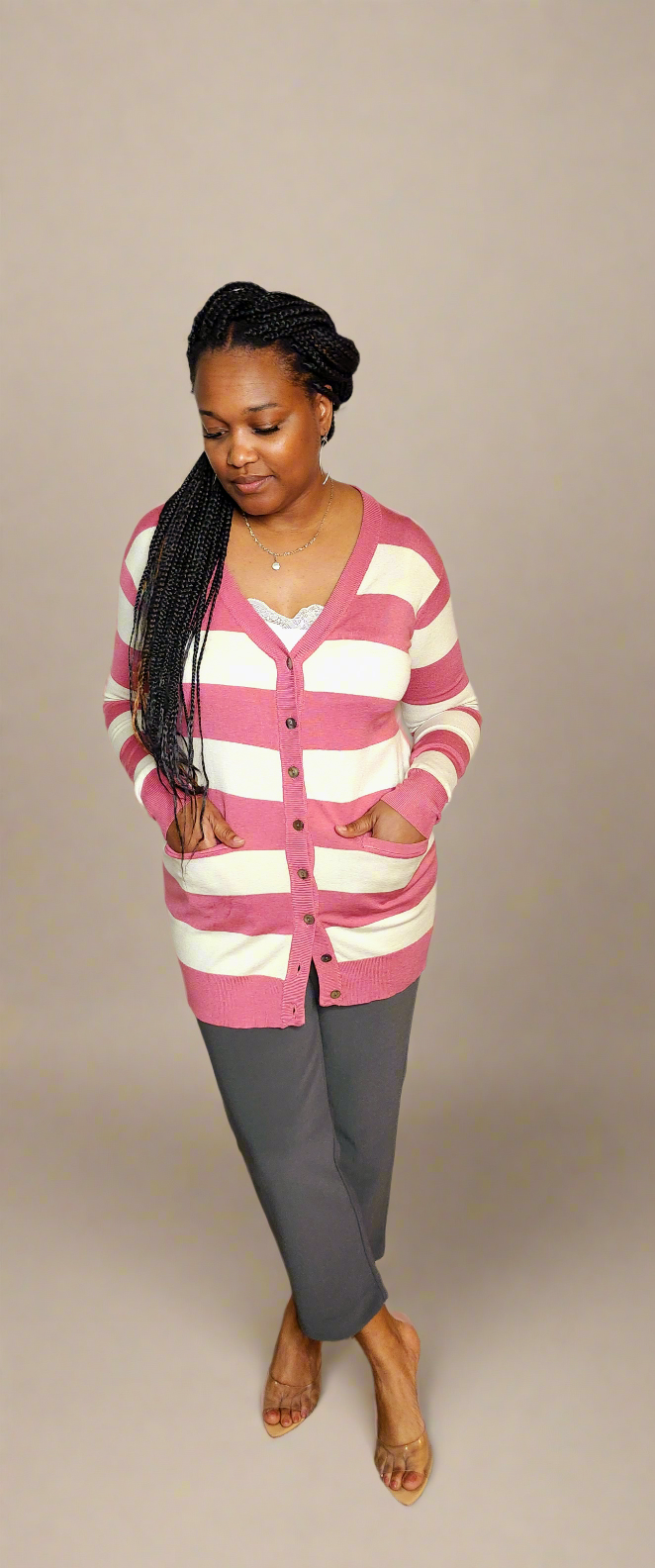 Long Sleeve Button Up Striped Cardigan (Coral)