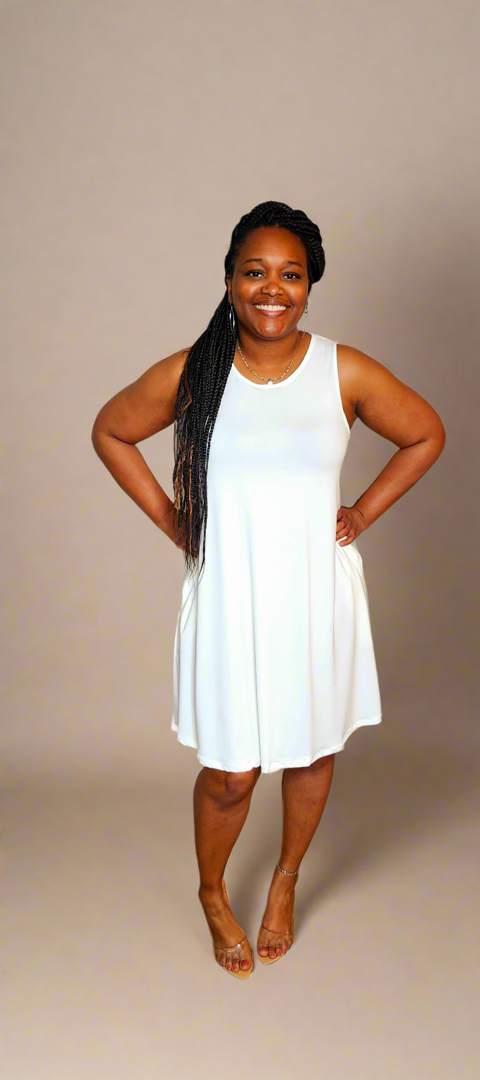 Comfy Sleeveless Flare Mini Dress w/Pockets (White)