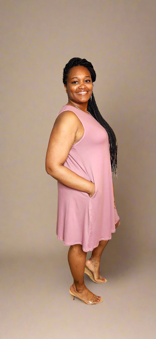 Comfy Sleeveless Flare Mini Dress w/Pockets (Mauve)