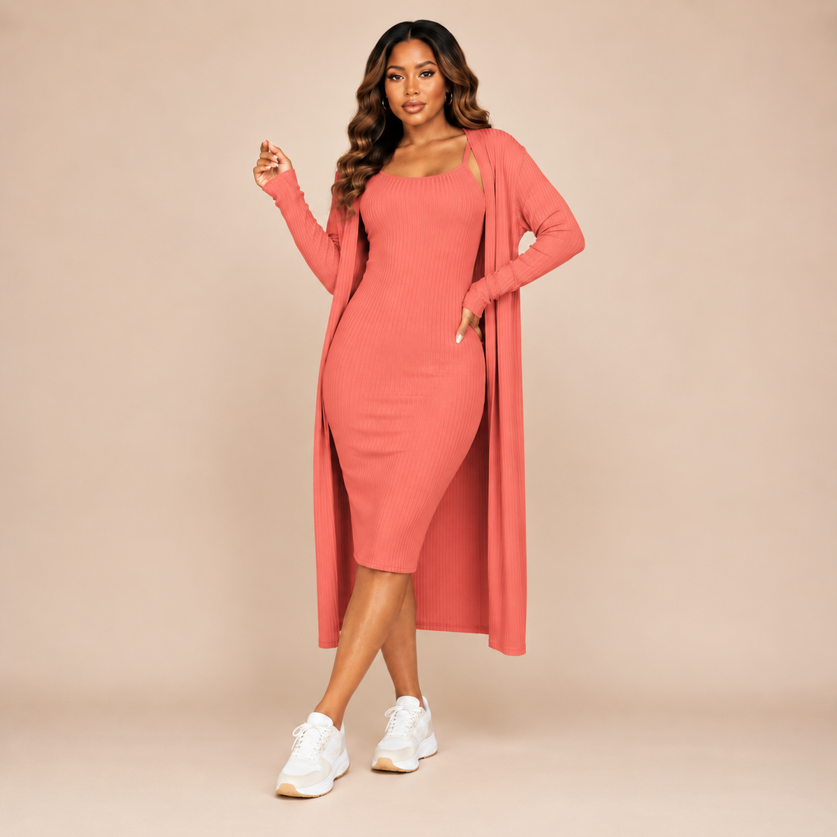 Ribbed Cardigan & Cami Midi Dress (Rust)