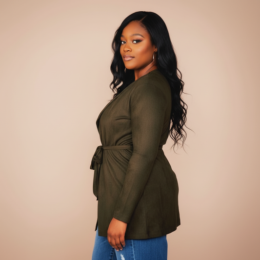Suede Tie Waist Cardigan - Olive Green