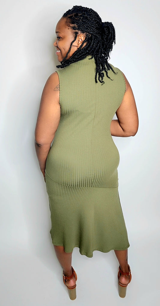 Kelley Mock Neck Drop Waist Sleeveless Dress (Olive)