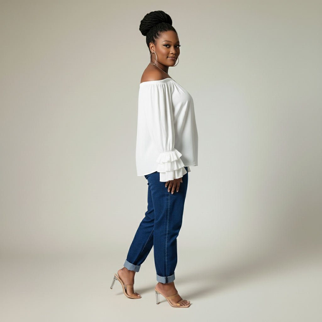 Off Shoulder Ruffle Sleeve Shirt (White)