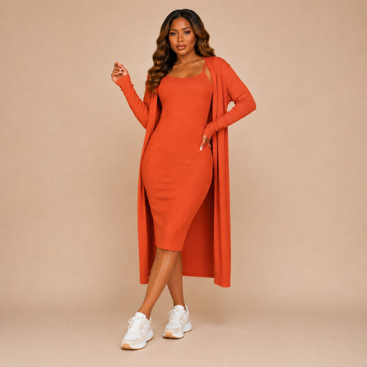Ribbed Cardigan & Cami Midi Bodycon Dress (Rust)