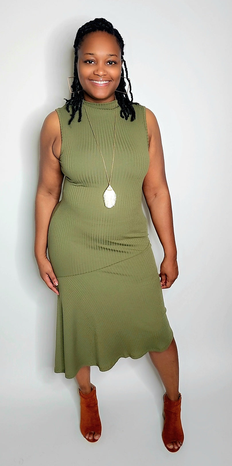 Kelley Mock Neck Drop Waist Sleeveless Dress (Olive)