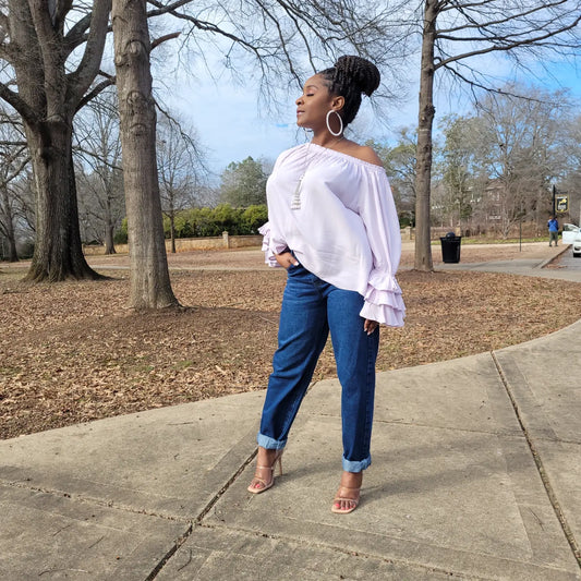 Off Shoulder Ruffle Sleeve Shirt (Lilac)