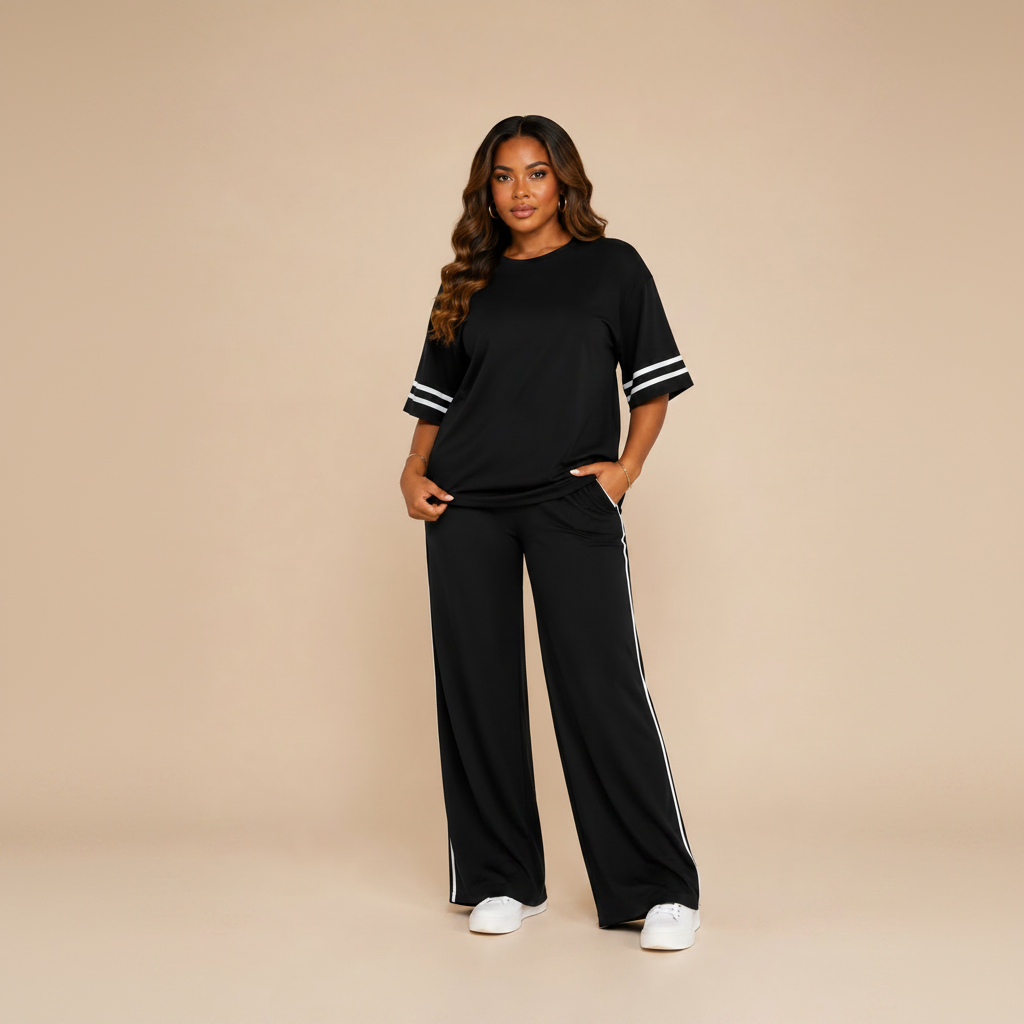 A woman modeling a black two-piece lounge set consisting of a short-sleeve top with white stripe accents on the sleeves and matching wide-leg pants with white side stripes, set against a solid beige studio background.