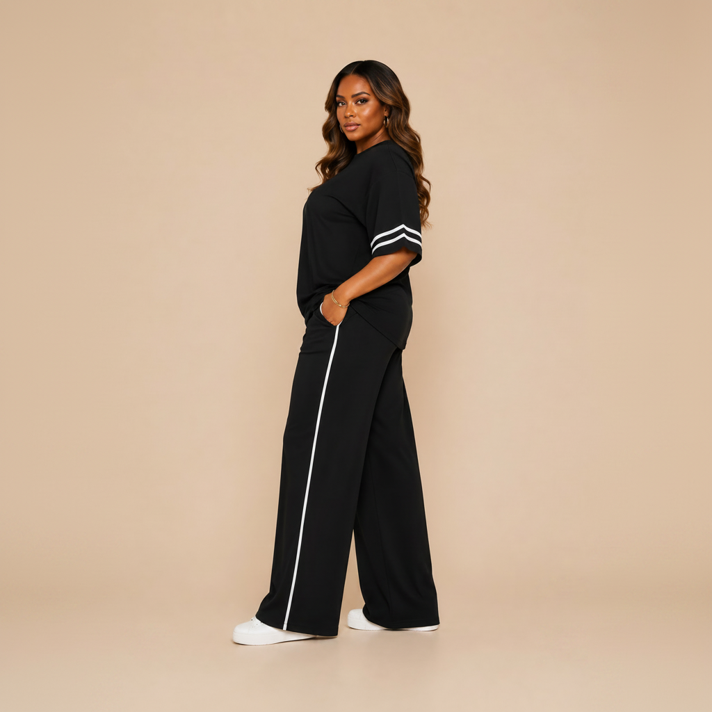 A woman modeling a black two-piece lounge set consisting of a short-sleeve top with white stripes on the sleeves and matching wide-leg pants with a white side stripe, set against a solid beige background.