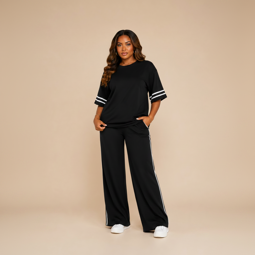 A woman modeling a black two-piece lounge set consisting of a short-sleeve top with white stripe accents on the sleeves and matching wide-leg pants with white side stripes, set against a solid beige studio background.