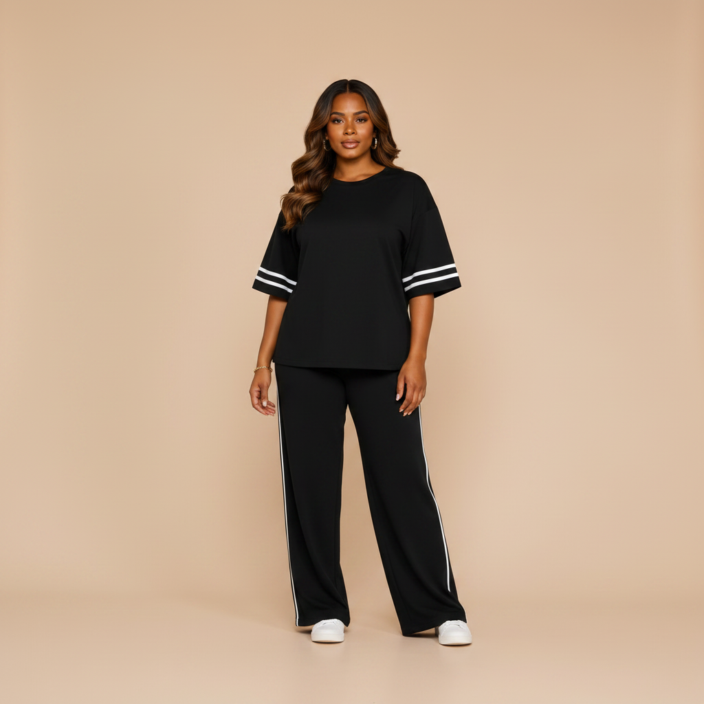 A woman modeling a black two-piece lounge set consisting of a short-sleeve top with white stripe accents on the sleeves and matching wide-leg pants with a white side stripe, set against a solid beige studio background.