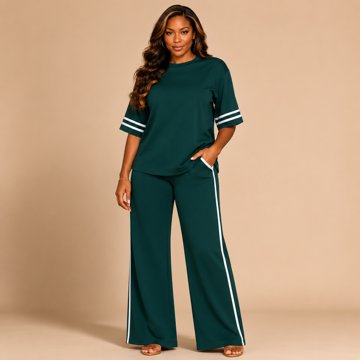A woman modeling a dark green two-piece lounge set consisting of a short-sleeve top with white stripe accents on the sleeves and matching wide-leg pants with white side stripes, set against a solid beige studio background.