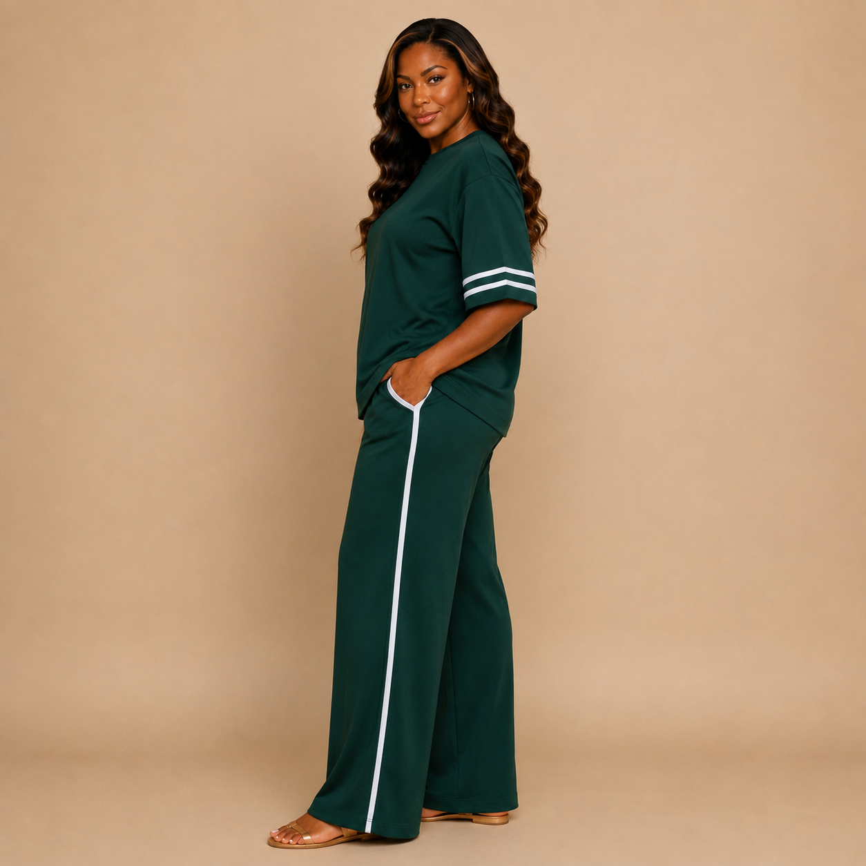 A woman modeling a dark green two-piece lounge set with white stripe accents on the sleeves and down the side of the wide-leg pants, posed against a solid beige studio backdrop.