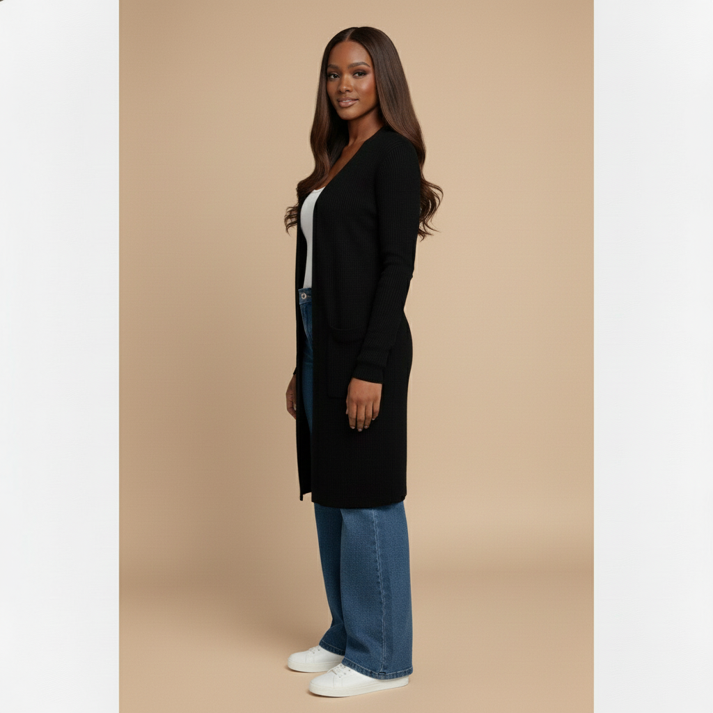 Woman wearing a black cardigan, white shirt, blue jeans, and white sneakers on a beige background