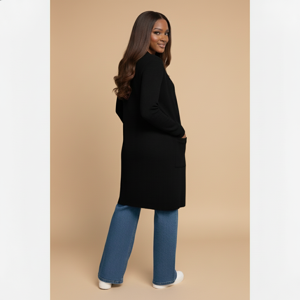 Woman wearing a black coat and blue jeans on a gray background