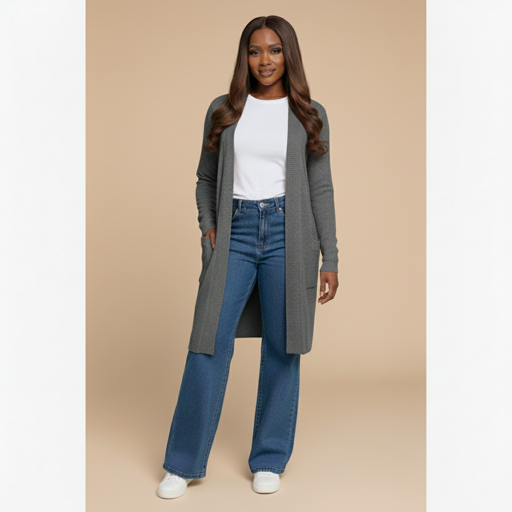 Woman wearing a long gray cardigan, white shirt, blue jeans, and white sneakers on a beige background