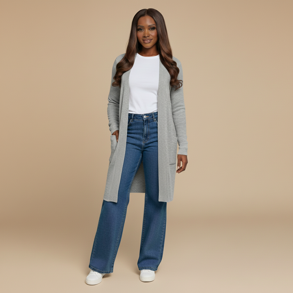 Woman wearing a gray cardigan, white shirt, blue jeans, and white sneakers on a beige background