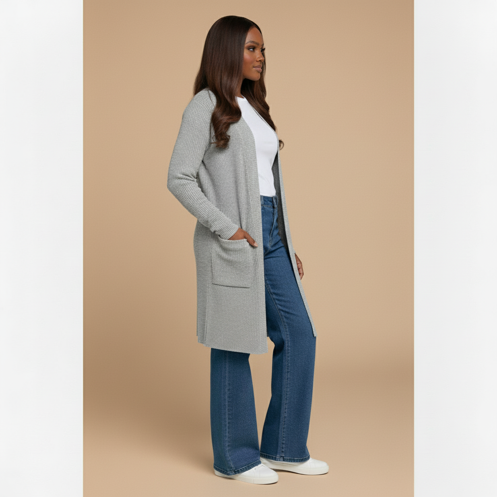 Woman wearing a long gray cardigan, white shirt, blue jeans, and white sneakers on a plain background