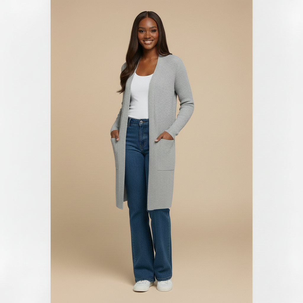 Woman wearing a long gray cardigan, white top, and blue jeans on a beige background