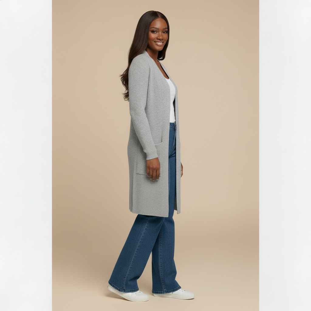 Woman wearing a long gray cardigan, white top, and blue jeans on a plain background