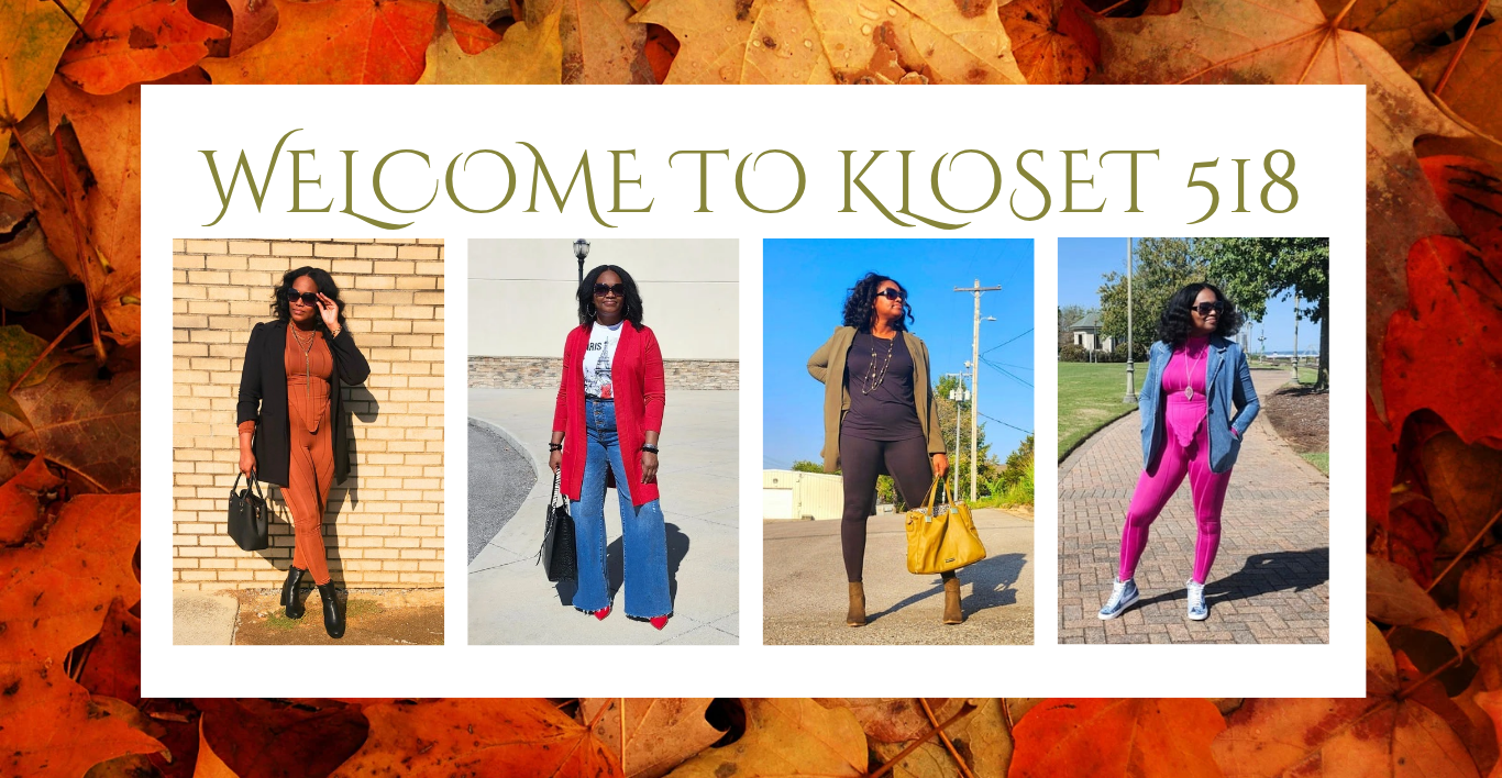 Promotional graphic for 'Kloset 518' with images of a person in various outfits on a leafy background.