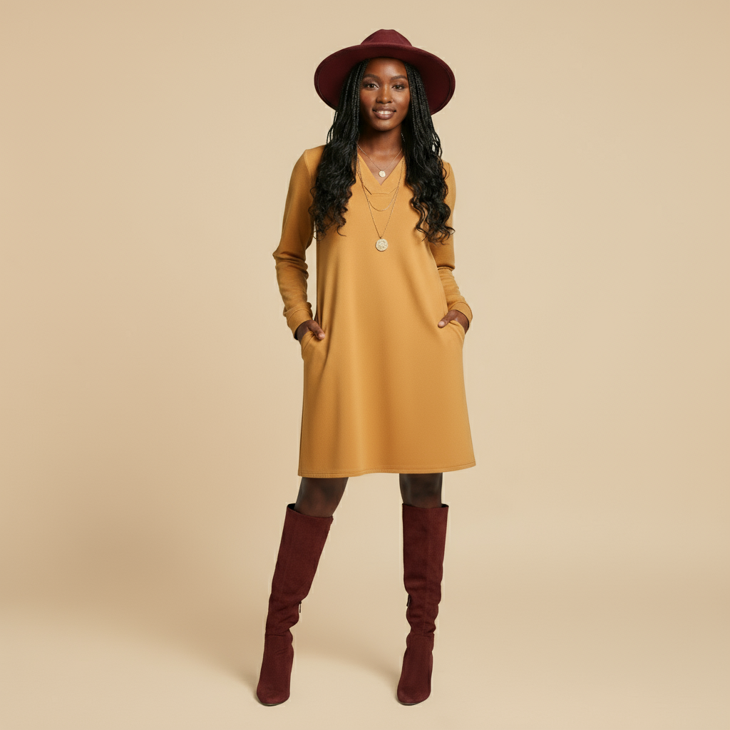 Woman wearing a mustard yellow dress and red boots with a beige background