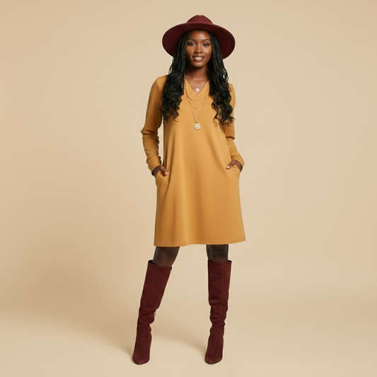 Woman wearing a mustard yellow dress and red boots with a beige background