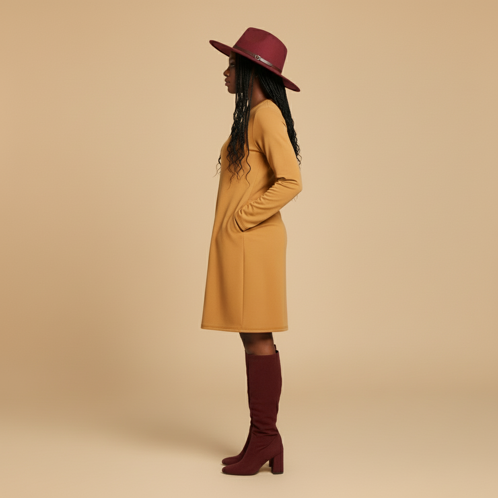 Woman wearing a mustard yellow dress and maroon hat and boots on a white background