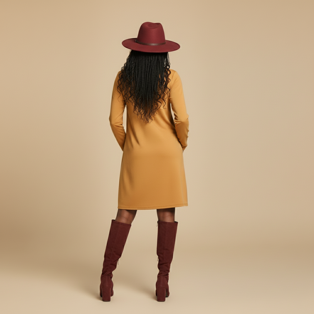 Person wearing a mustard yellow dress, maroon hat, and boots on a beige background