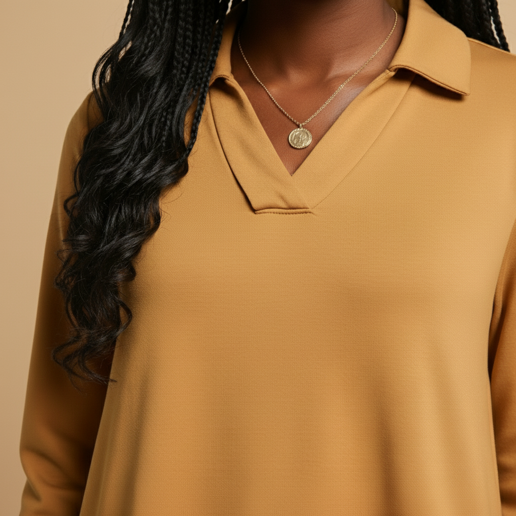 Close-up of a person wearing a mustard yellow long-sleeve shirt with a necklace on a beige background