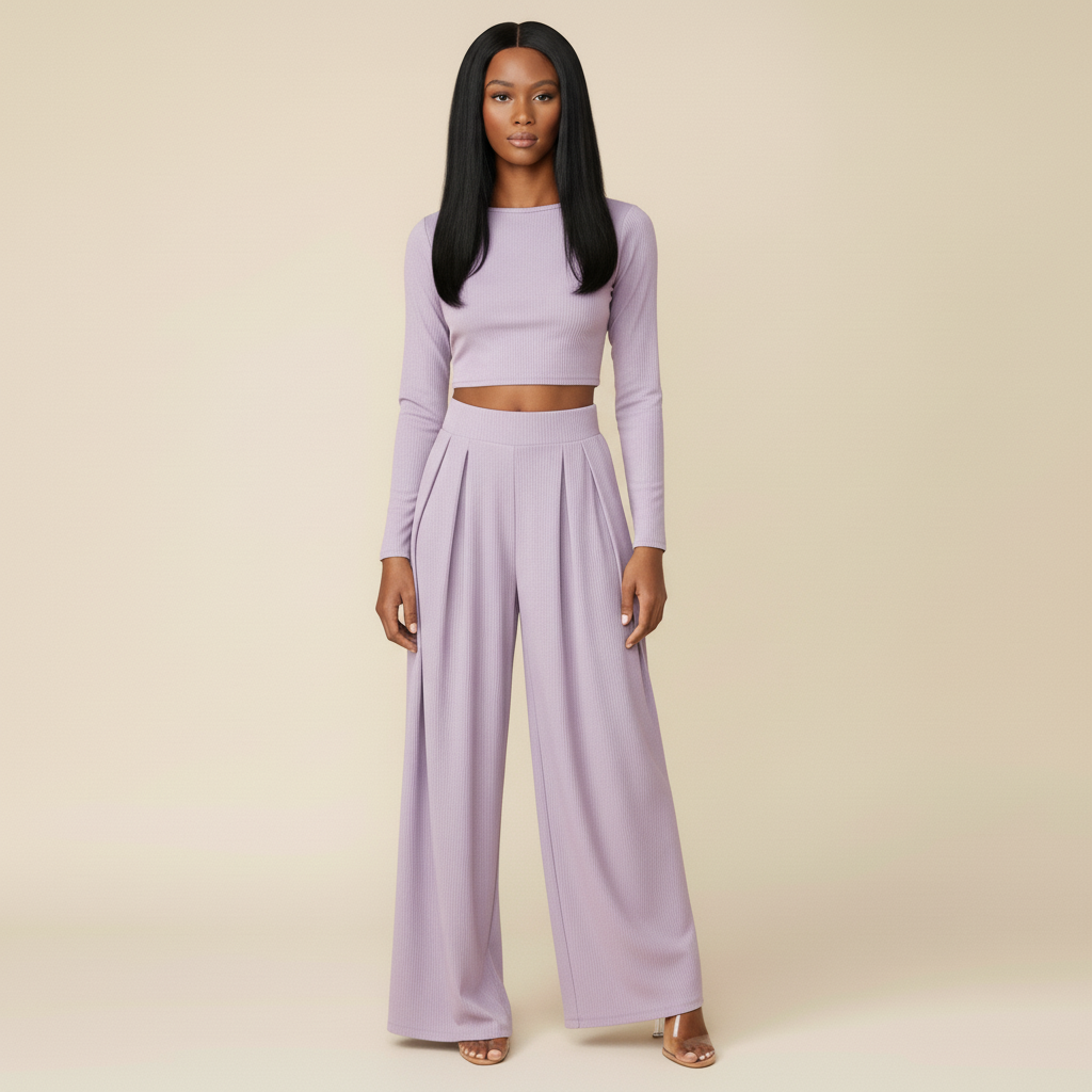 Woman wearing a lavender long-sleeve top and wide-leg pants on a beige background