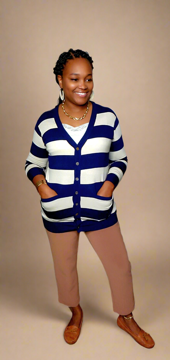 blue and ivory striped cardigan with pockets 2
